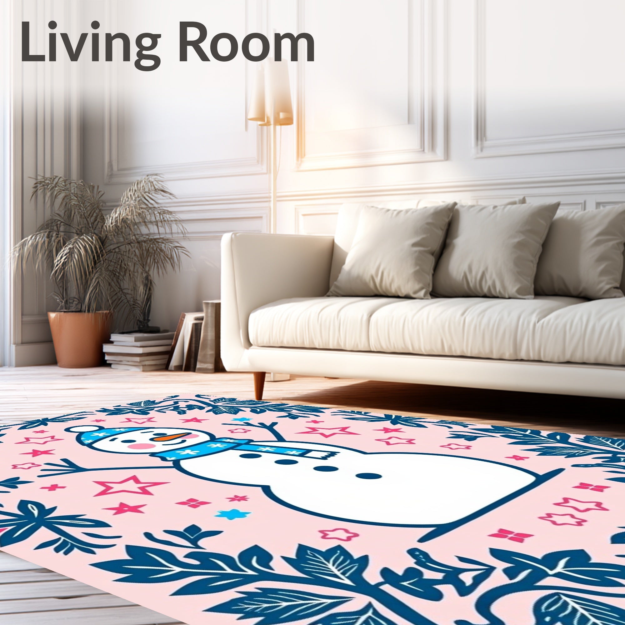 Charming Snowman Floral Border Pink Rug