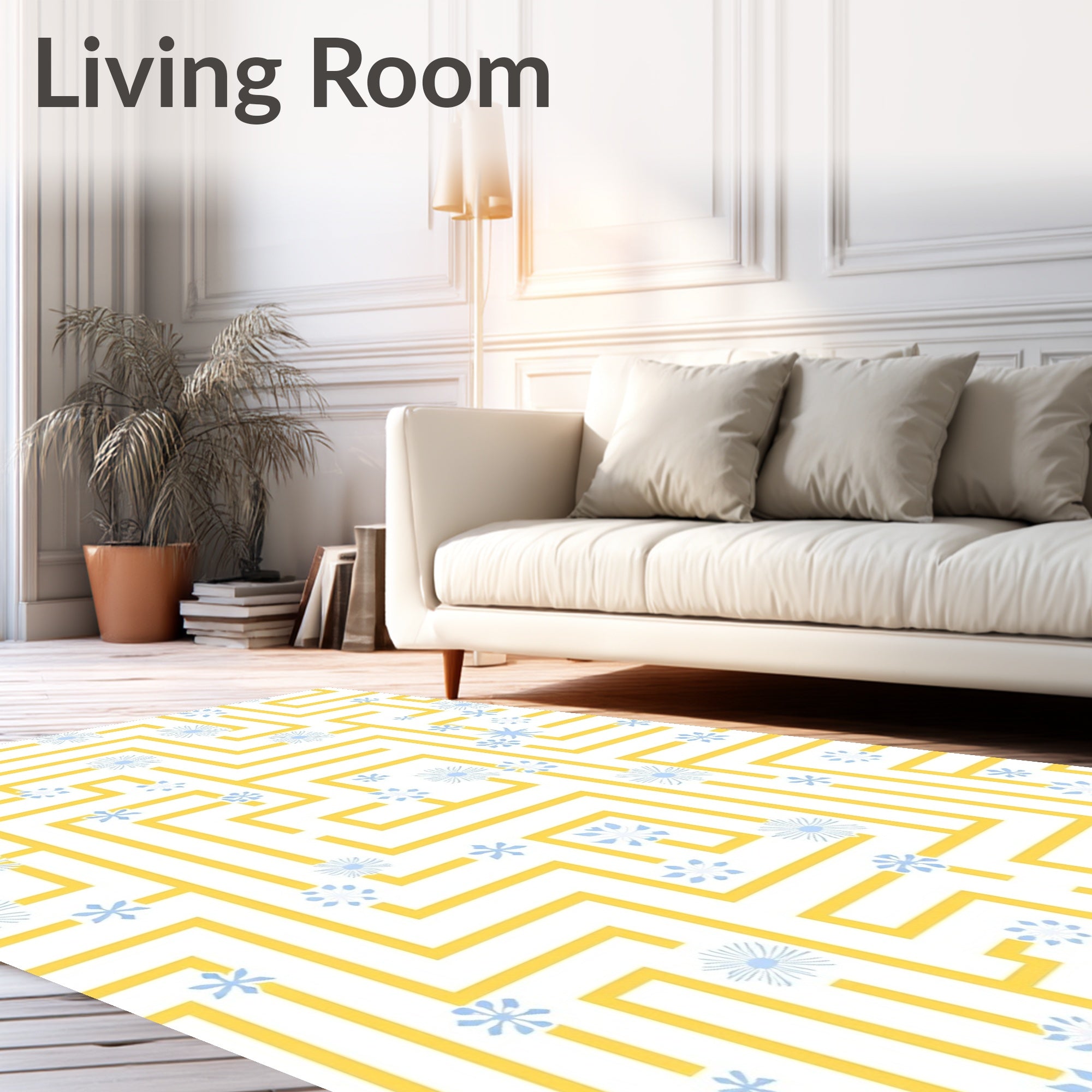 Yellow Maze with Blue Floral Accents Rug