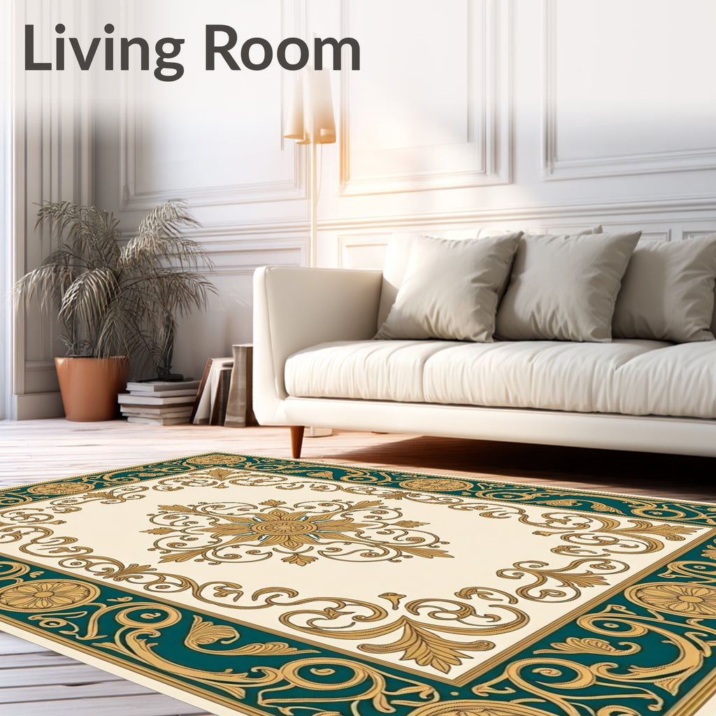 Ornate Teal Gold Floral Pattern Rug