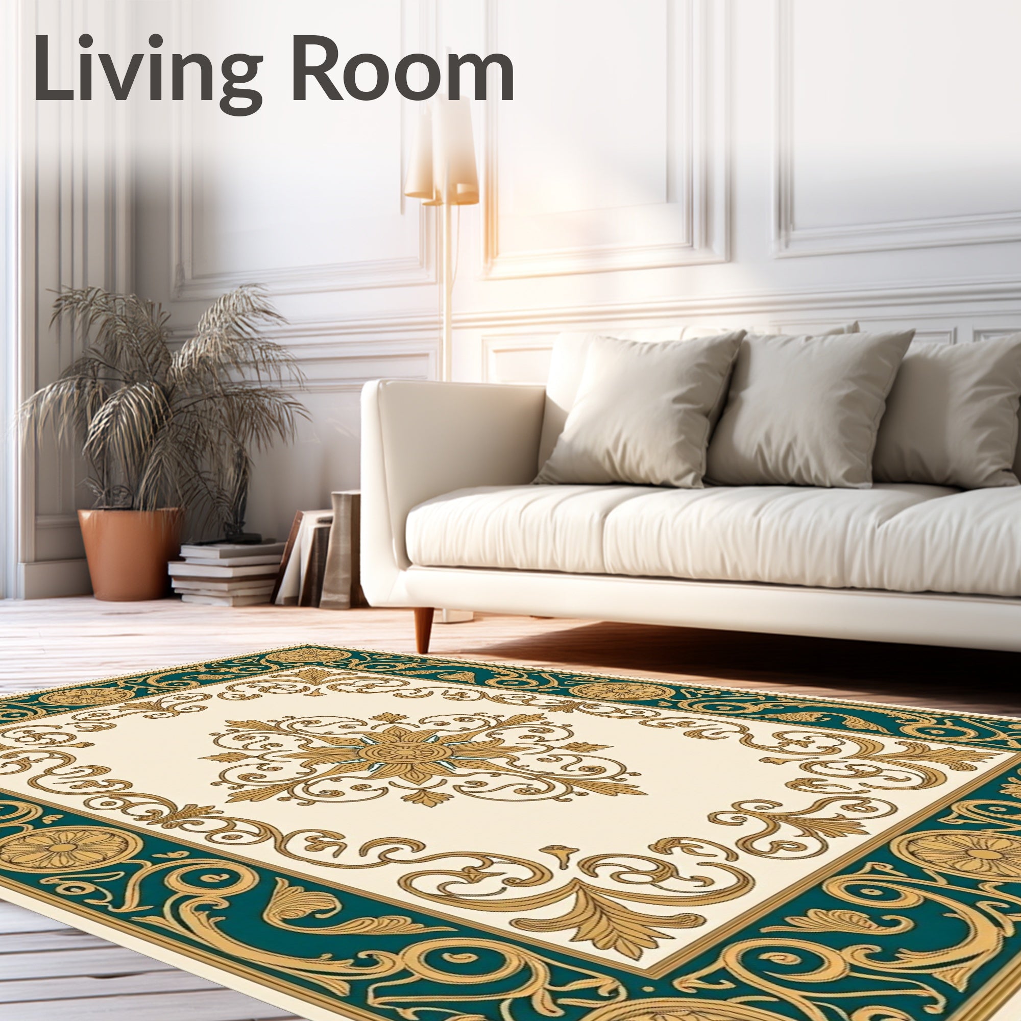 Ornate Teal Gold Floral Pattern Rug