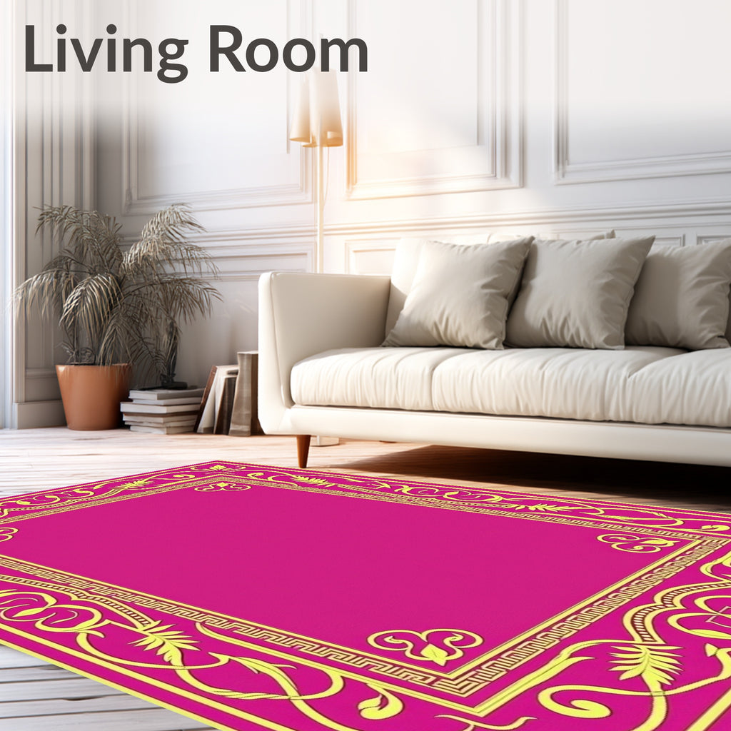 Ornate Yellow Floral Border Design Rug