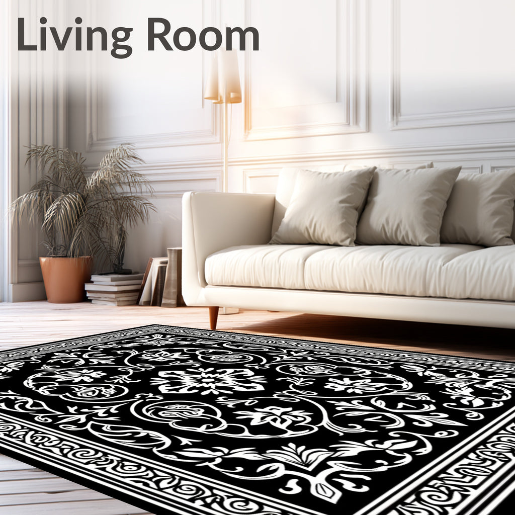 Classic Black White Floral Damask Design Rug