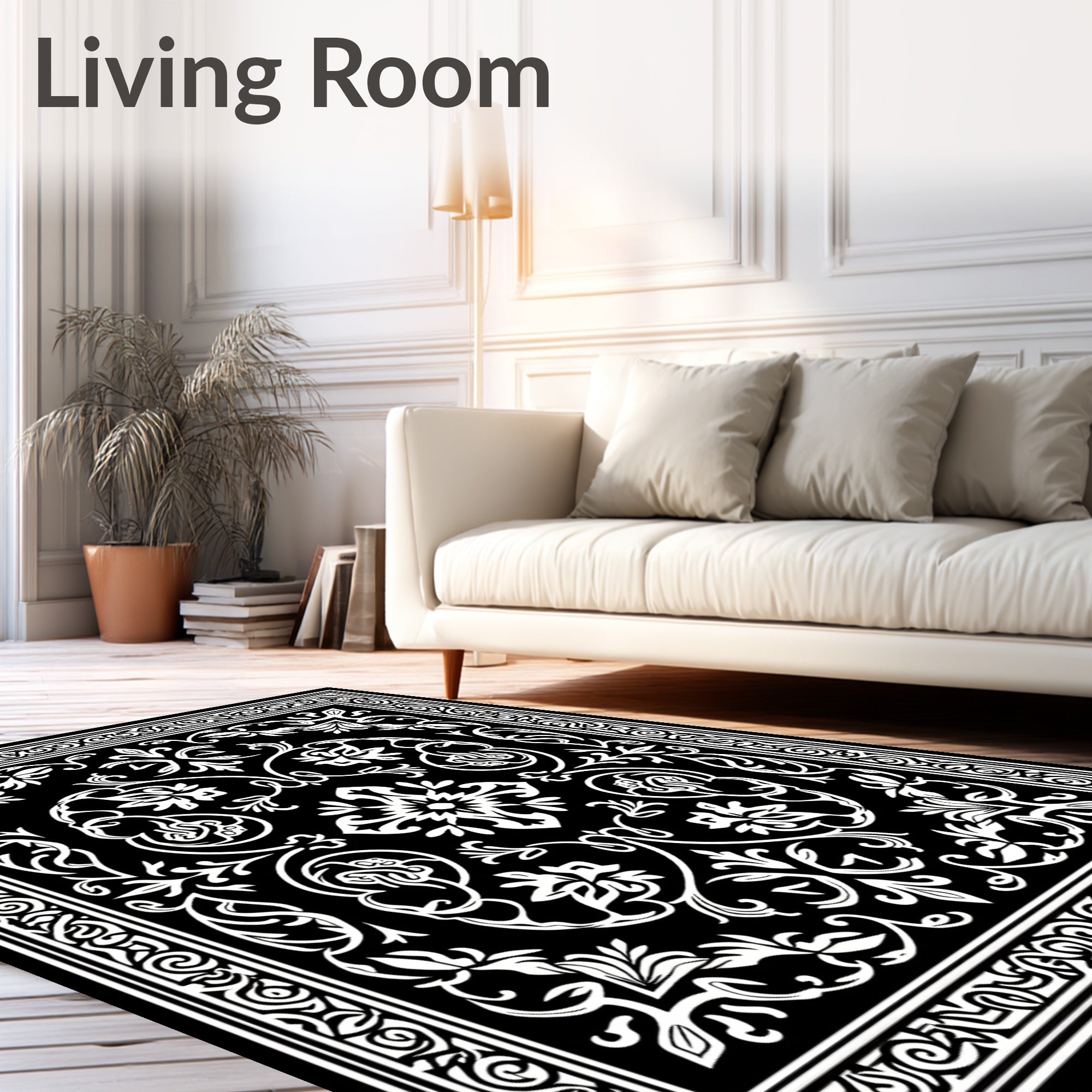 Classic Black White Floral Damask Design Rug
