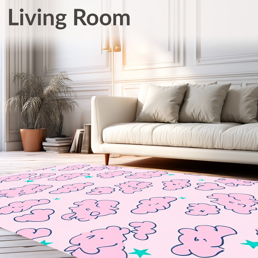 Playful Pink Clouds Stars Pattern Rug