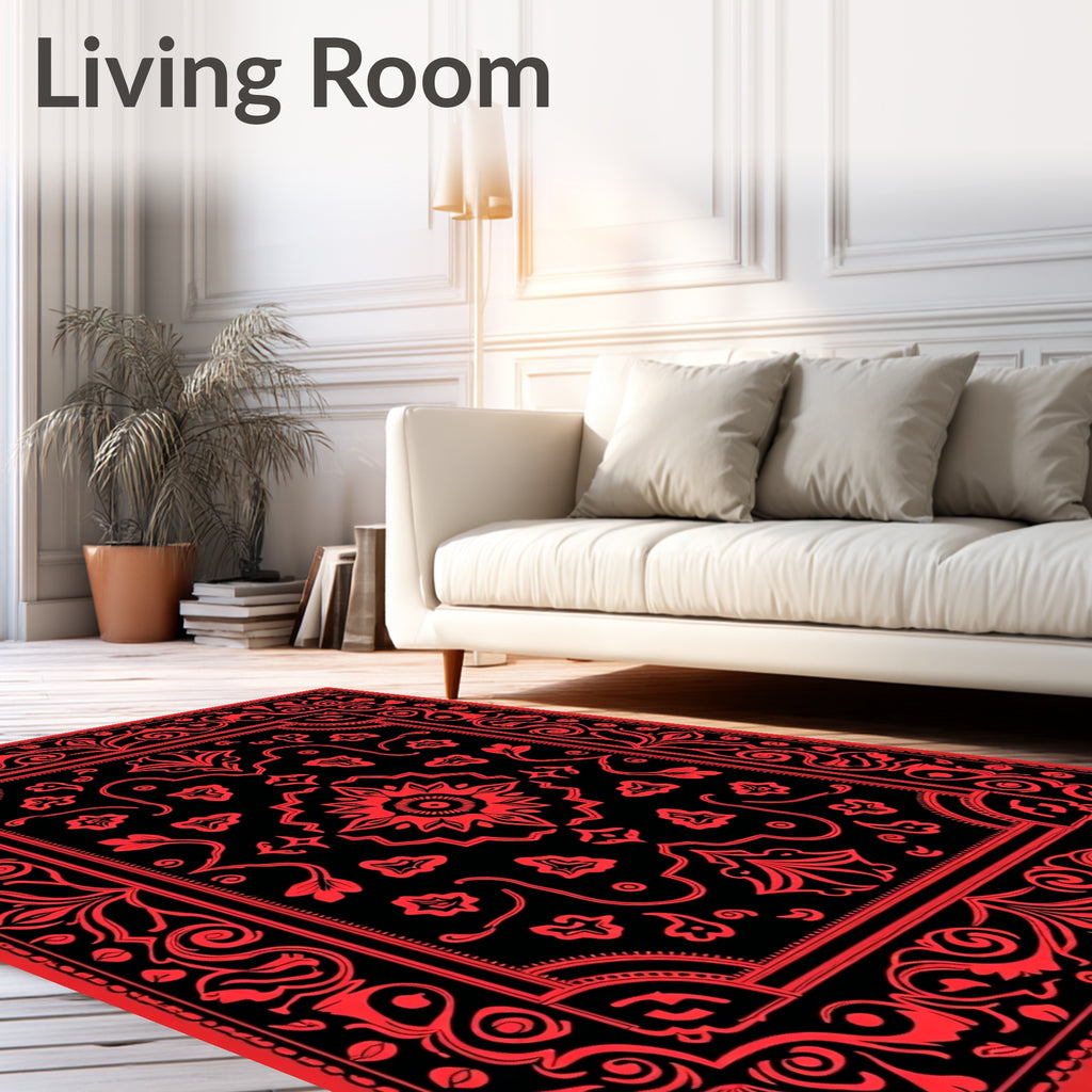 Bold Red Black Floral Tapestry Rug