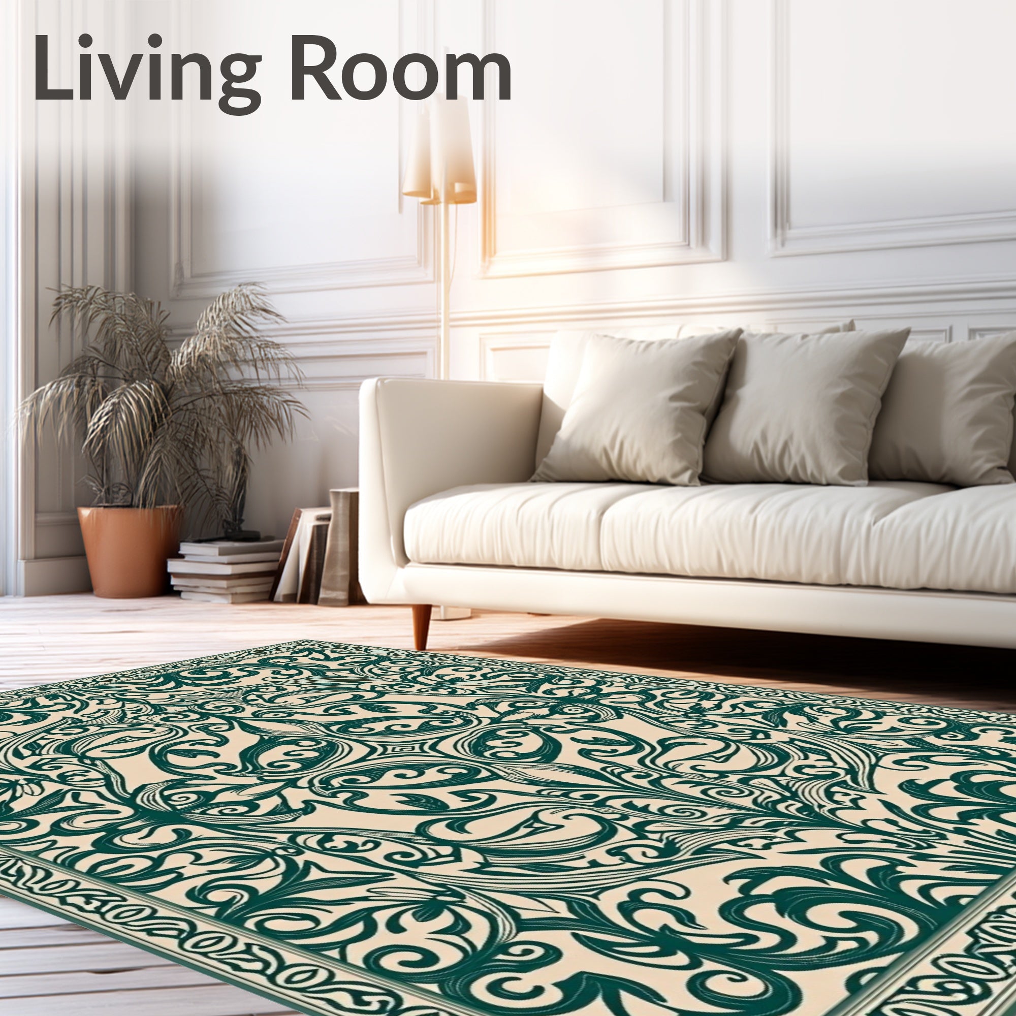 Ornate Teal Floral Scroll Pattern Rug