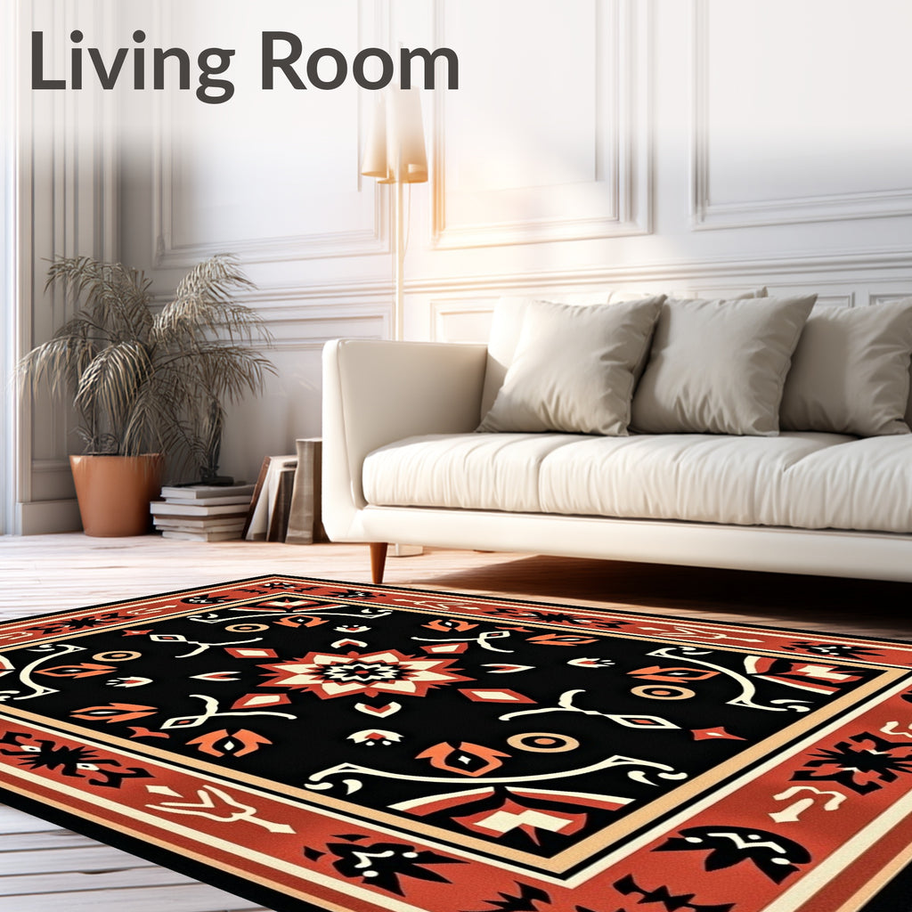 Ornate Black Geometric Floral Pattern Rug