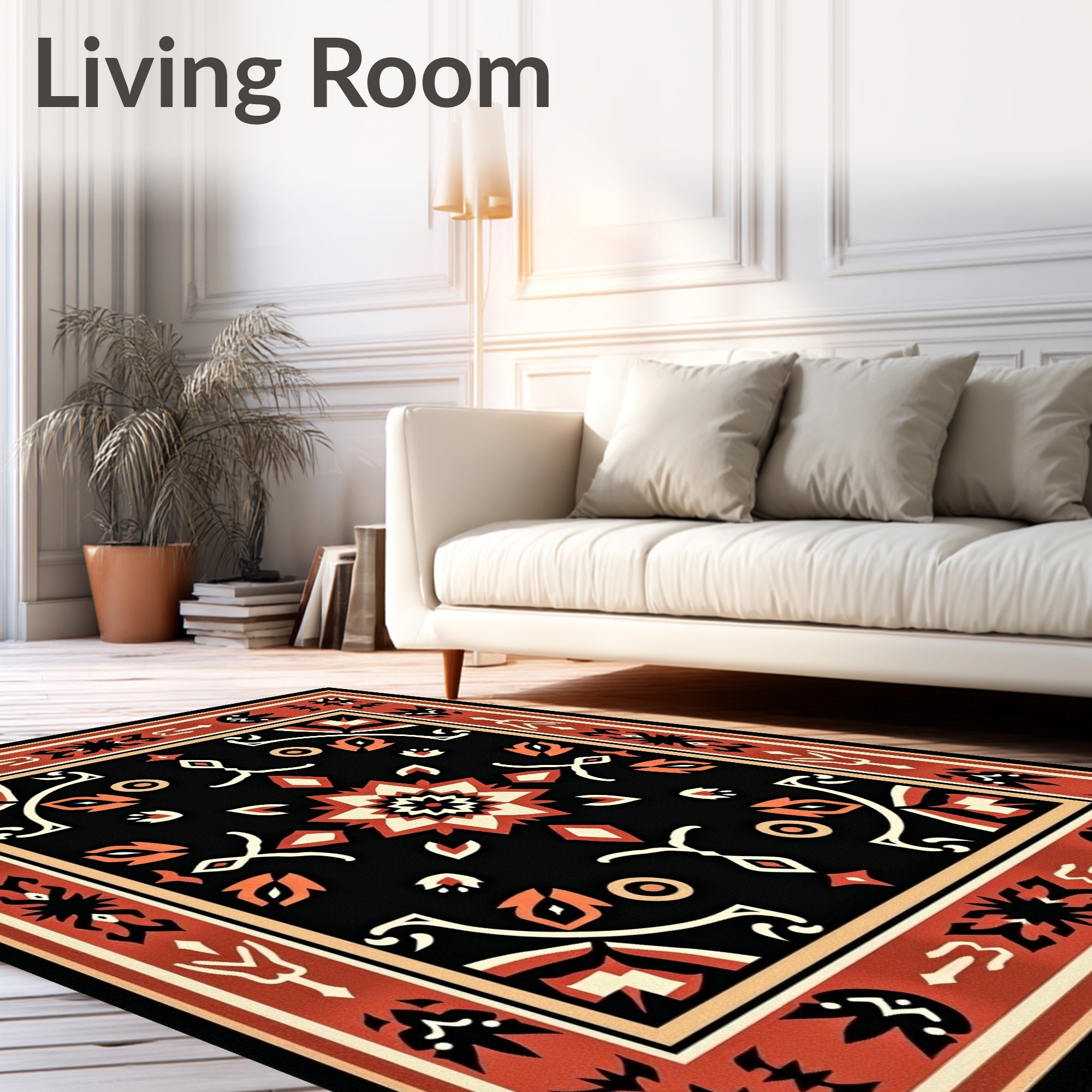 Ornate Black Geometric Floral Pattern Rug