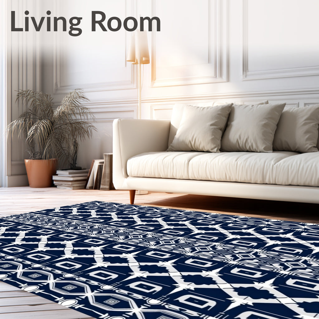 Geometric Blue And White Tribal Pattern Rug