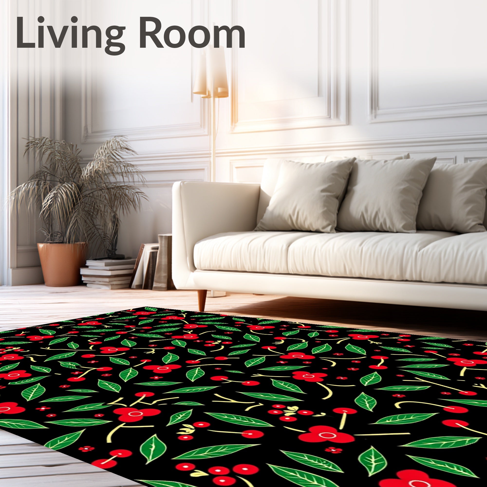 Red Cherry Blossom Black Floral Rug