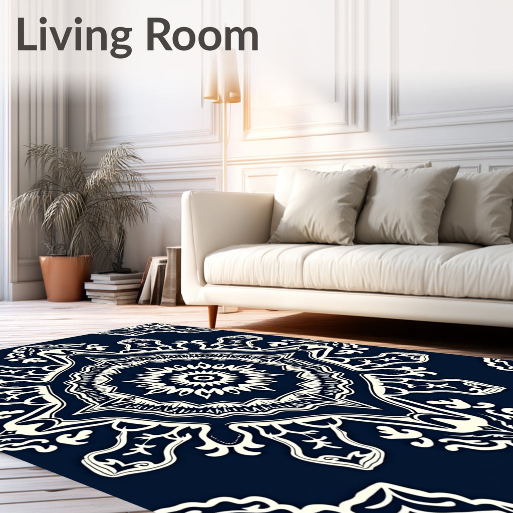 Navy Cream Intricate Mandala Pattern Rug