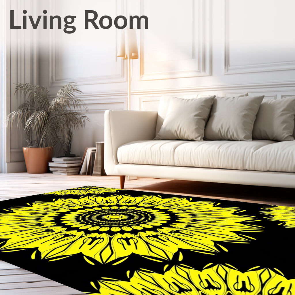 Bold Yellow Sunburst Mandala Pattern Rug