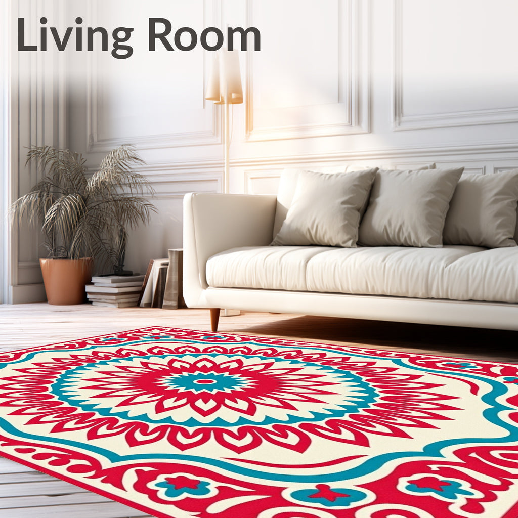 Bold Red Teal Geometric Mandala Design Rug