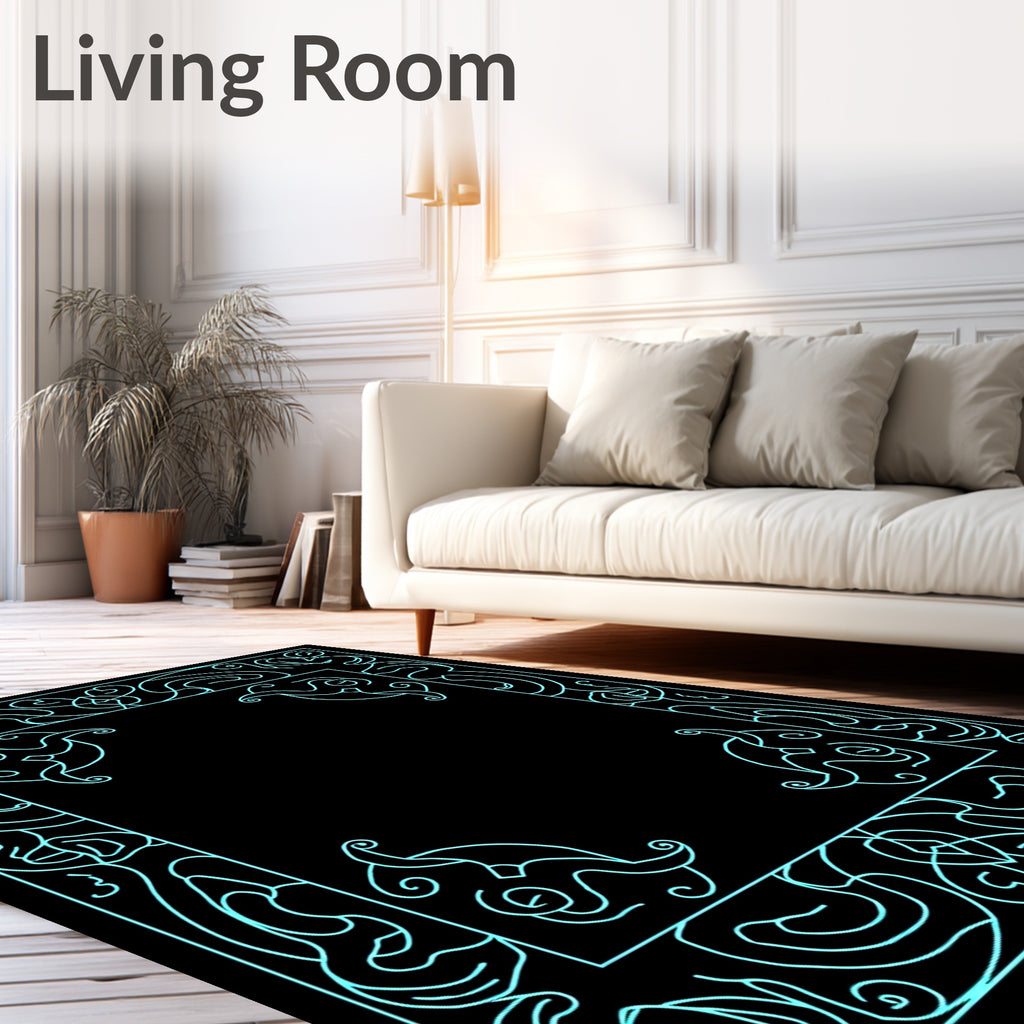 Aqua Abstract Swirl Border Design Rug