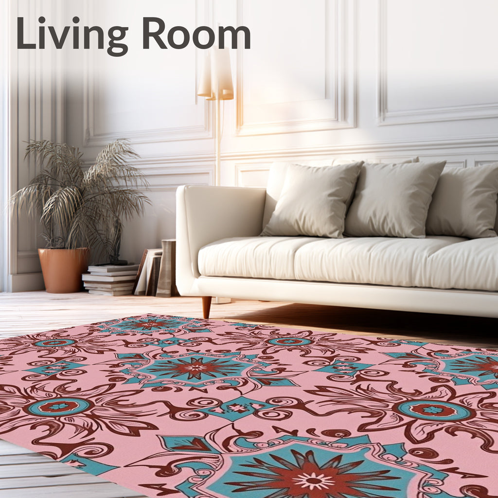 Pink Teal Brown Mandala Pattern Rug