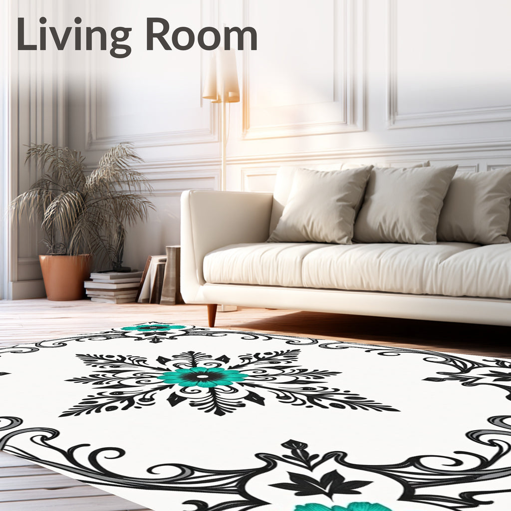 Vibrant Teal Floral Scrollwork Design Rug