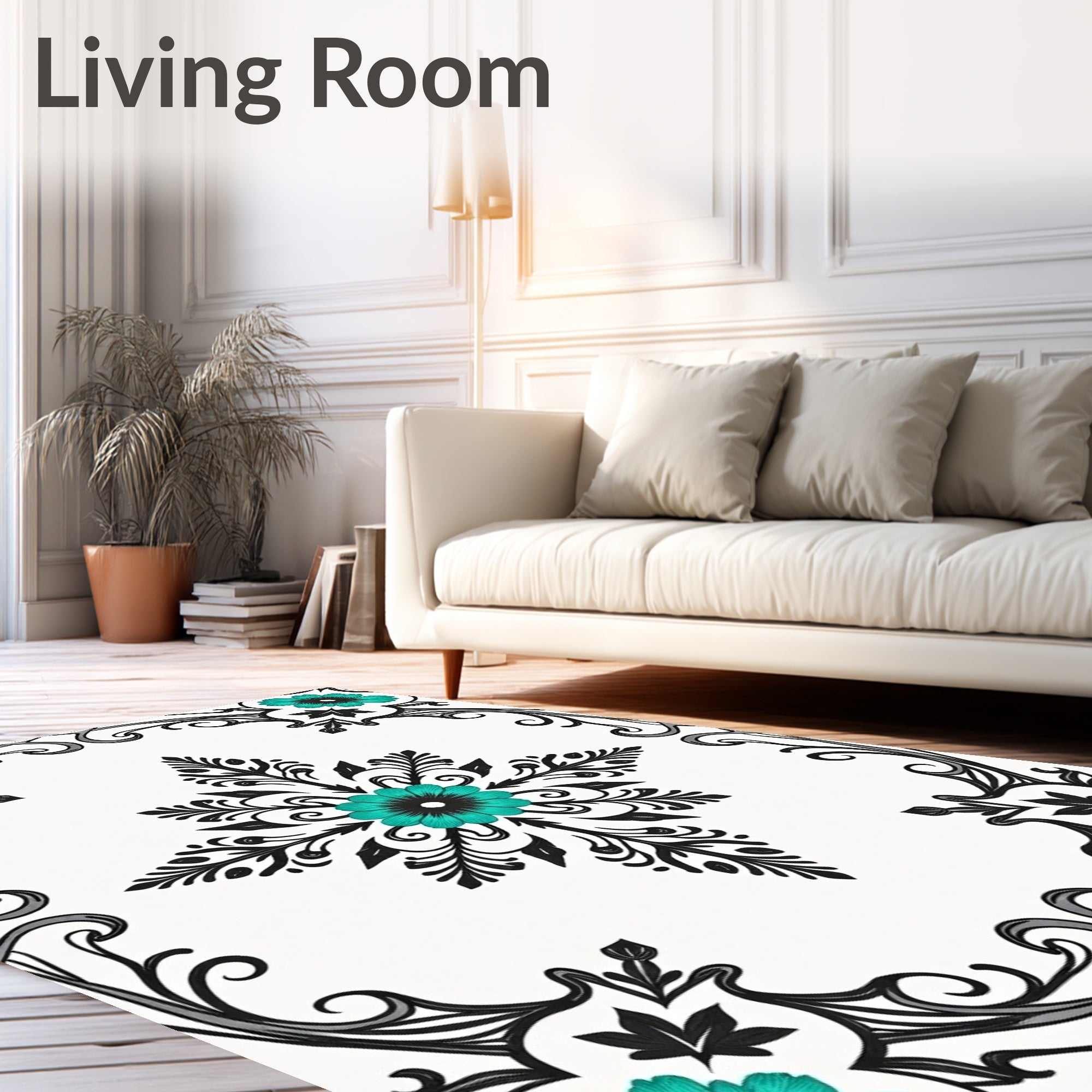 Vibrant Teal Floral Scrollwork Design Rug
