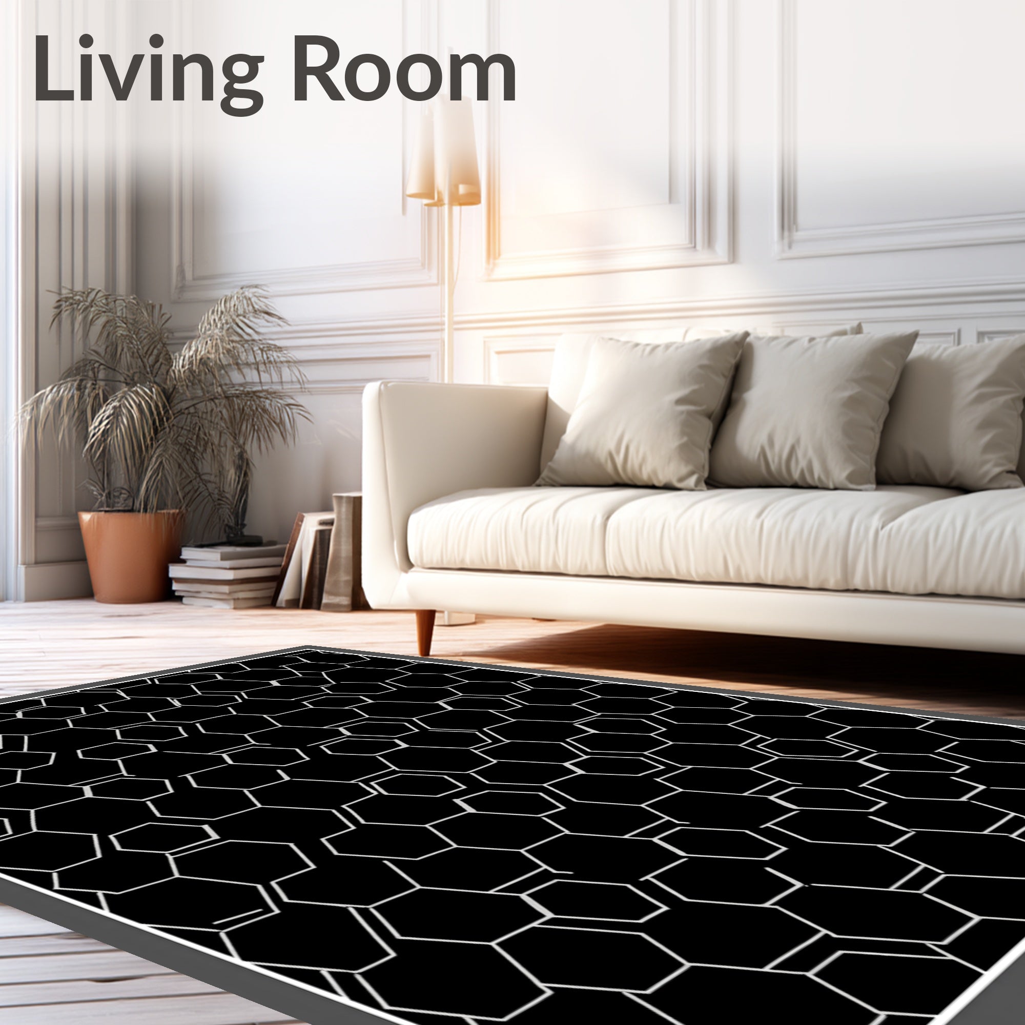 Black White Hexagonal Net Pattern Rug