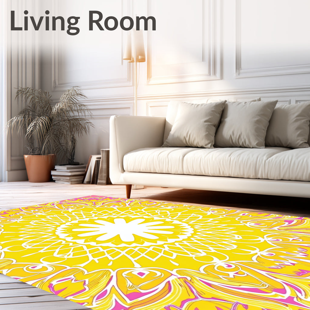 Vibrant Yellow Pink Mandala Pattern Rug