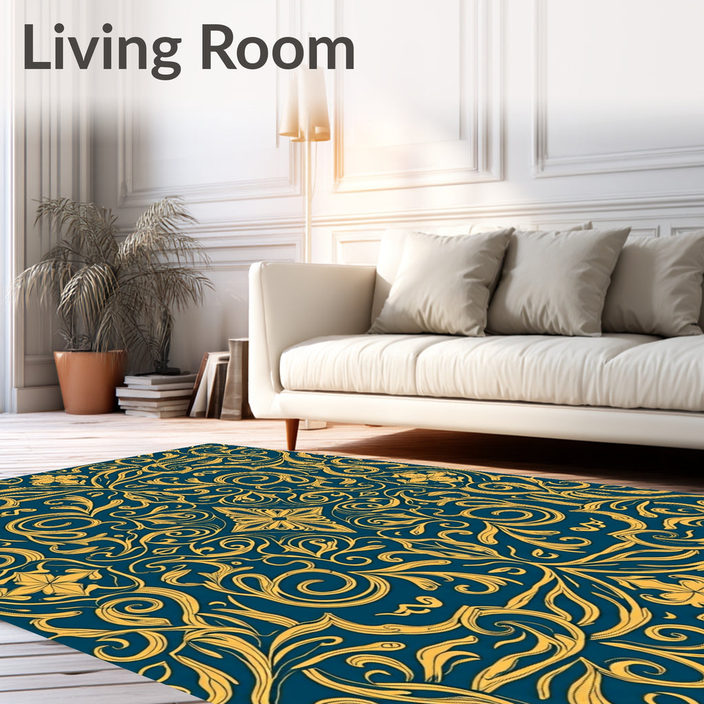Ornate Golden Scrollwork Pattern Rug