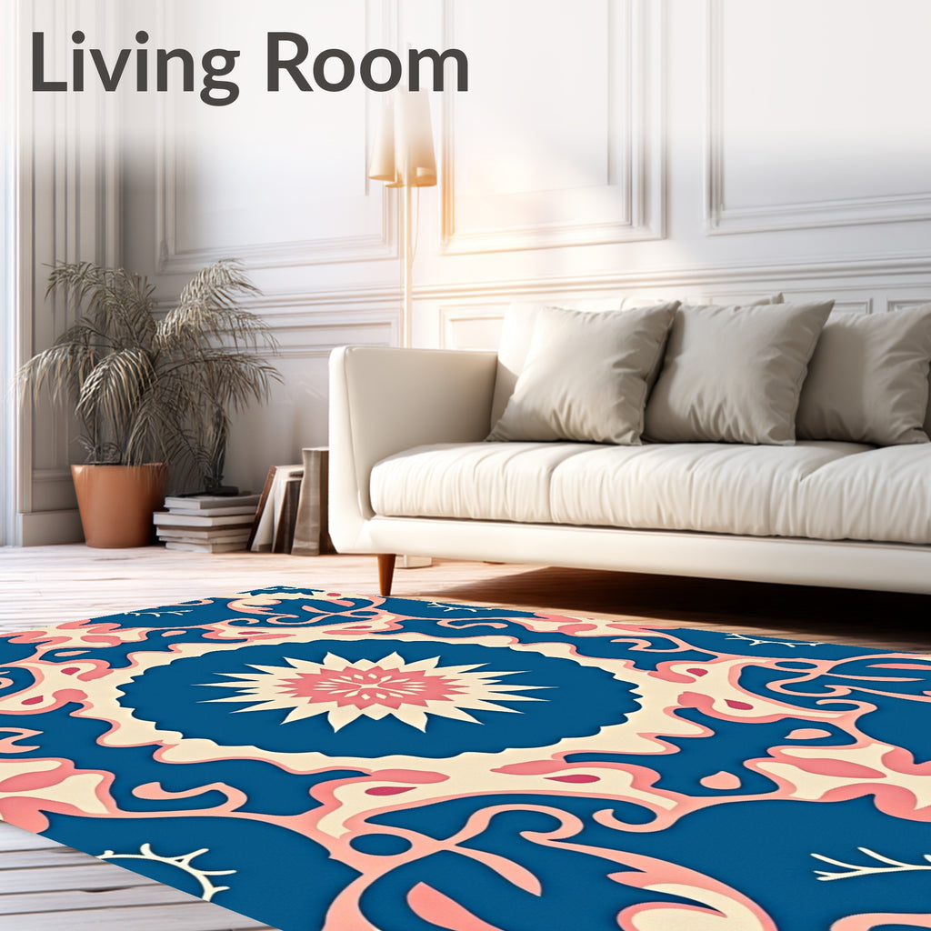 Vibrant Blossom Blue Pink Pattern Rug