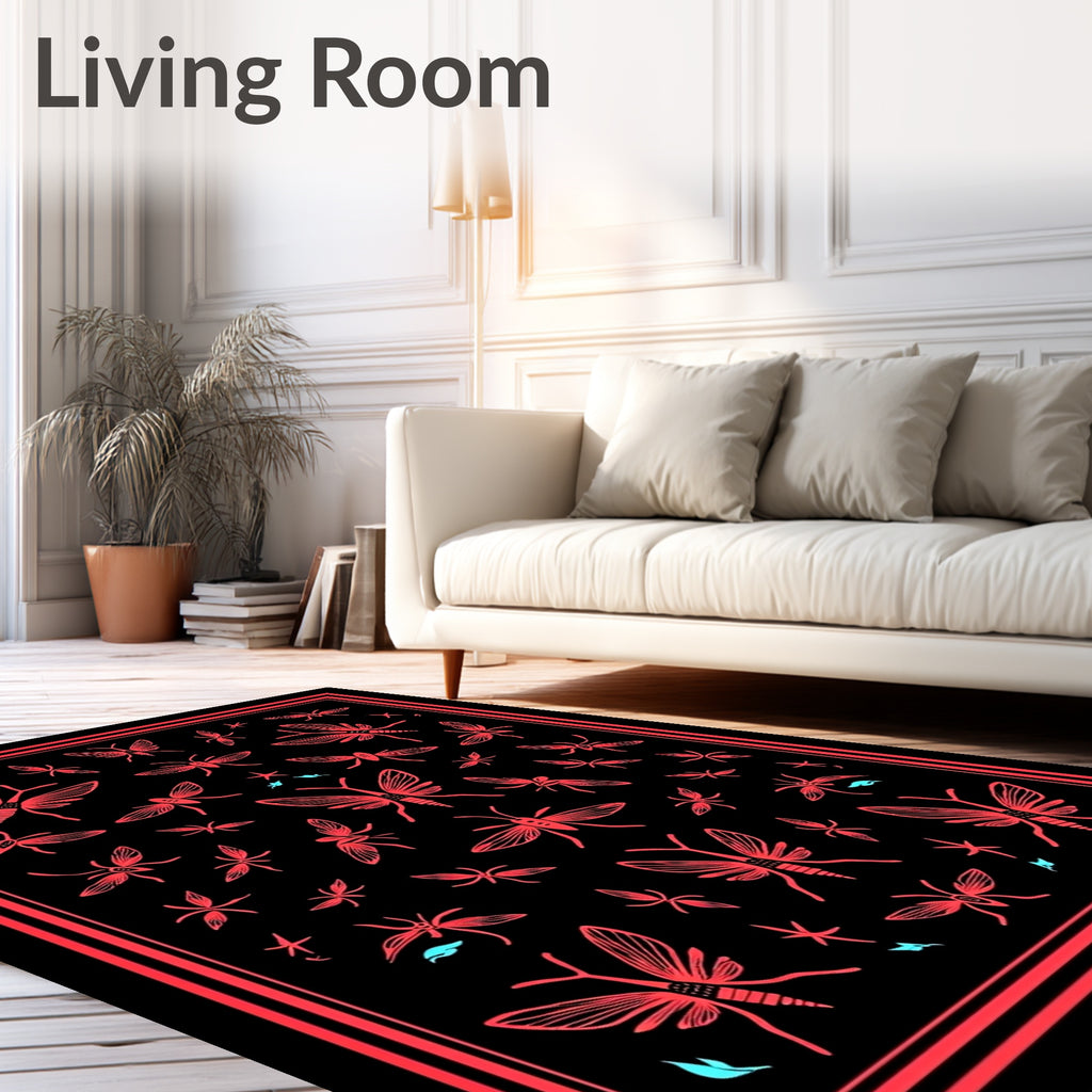 Black Coral Insect Butterfly Pattern Rug