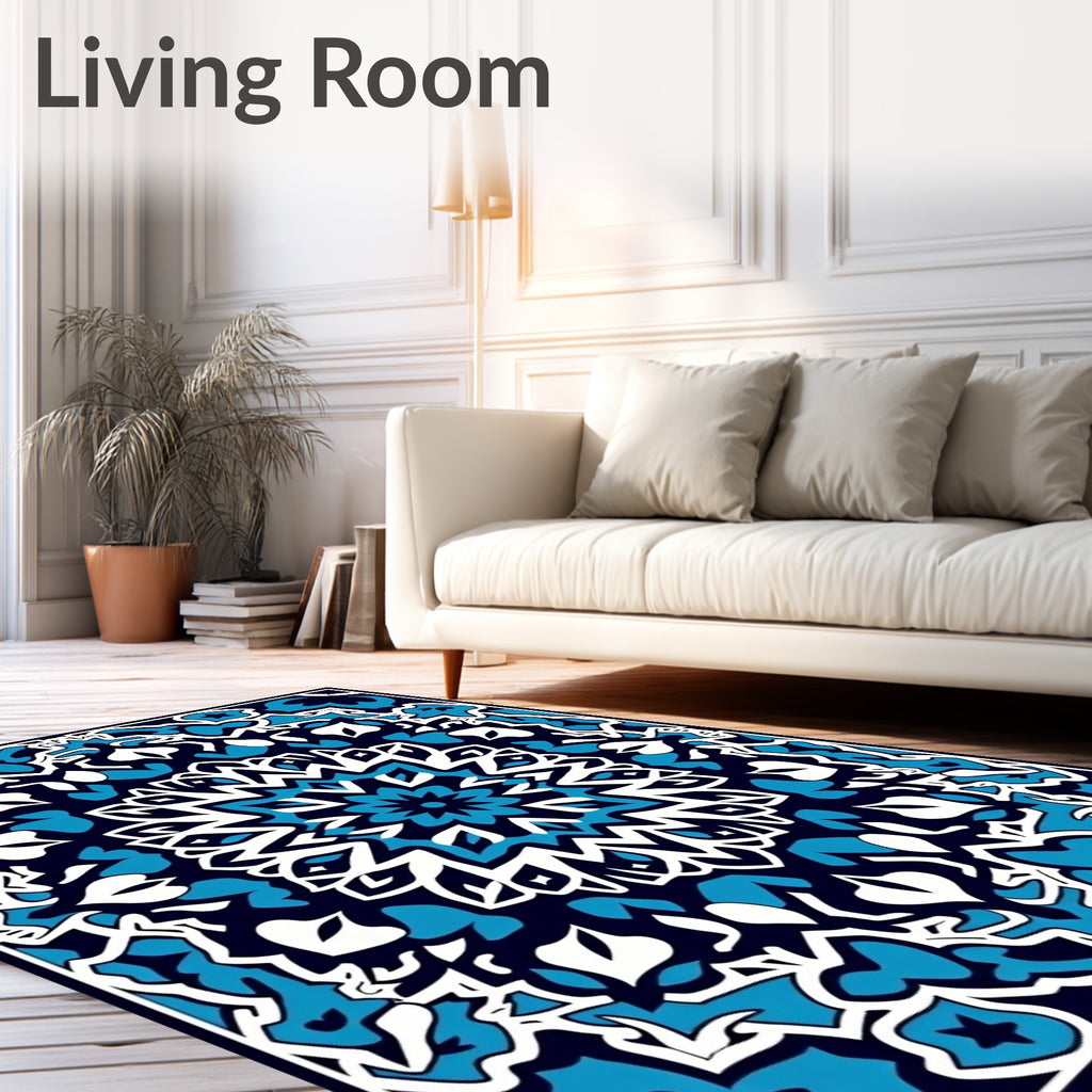 Intricate Blue White Mandala Pattern Rug