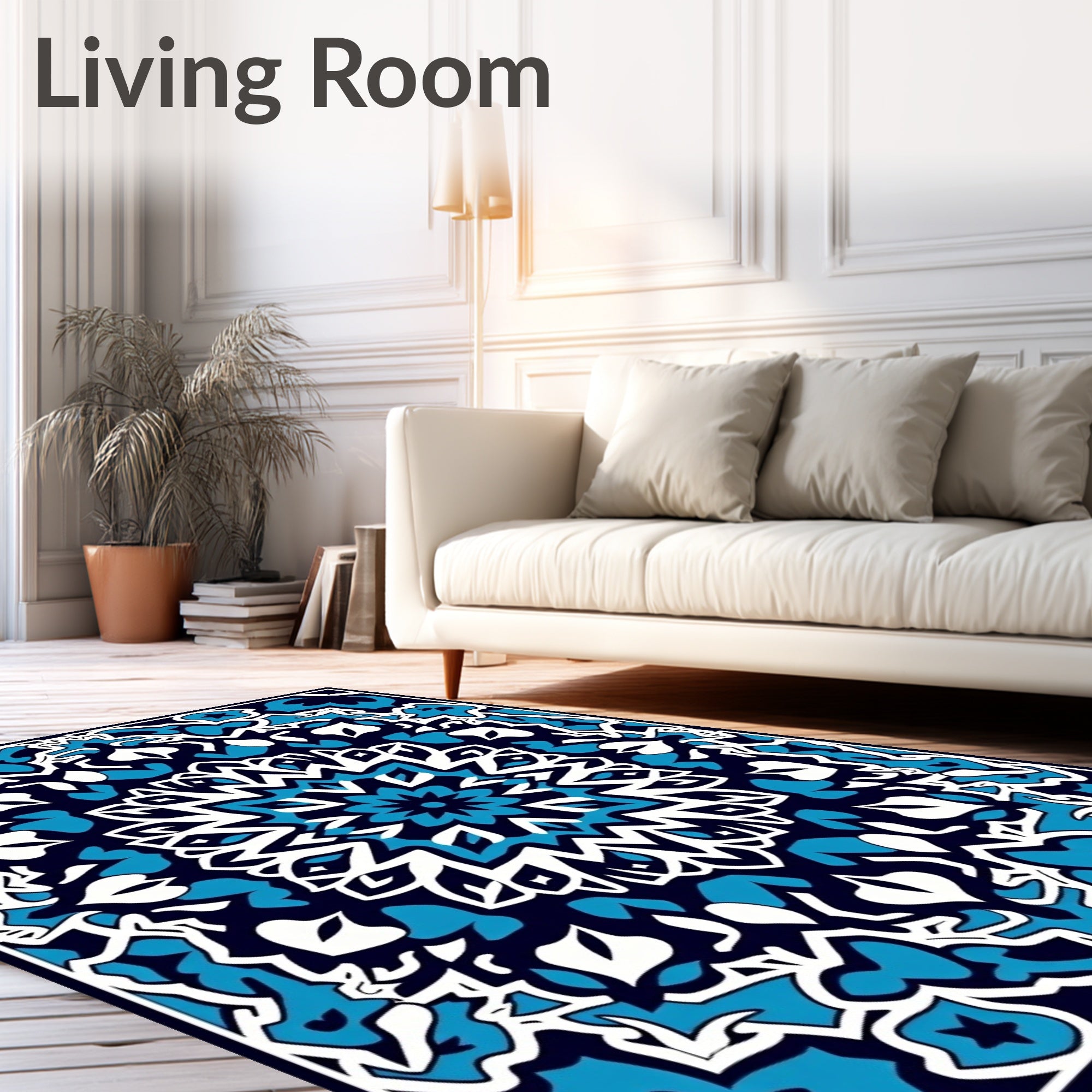 Intricate Blue White Mandala Pattern Rug