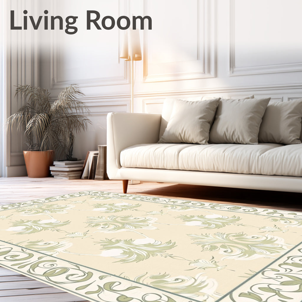 Pastel Cream Floral Crane Motif Rug