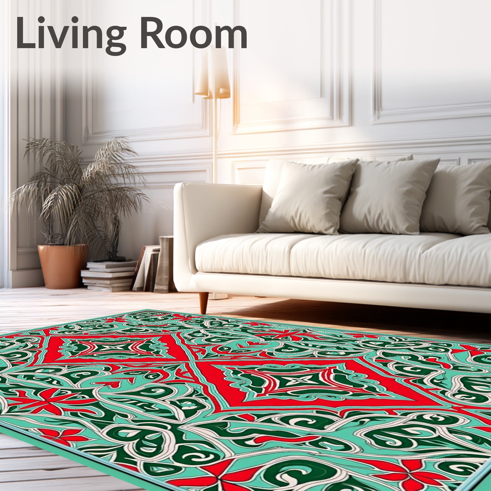 Intricate Teal Red Floral Medallion Design Rug