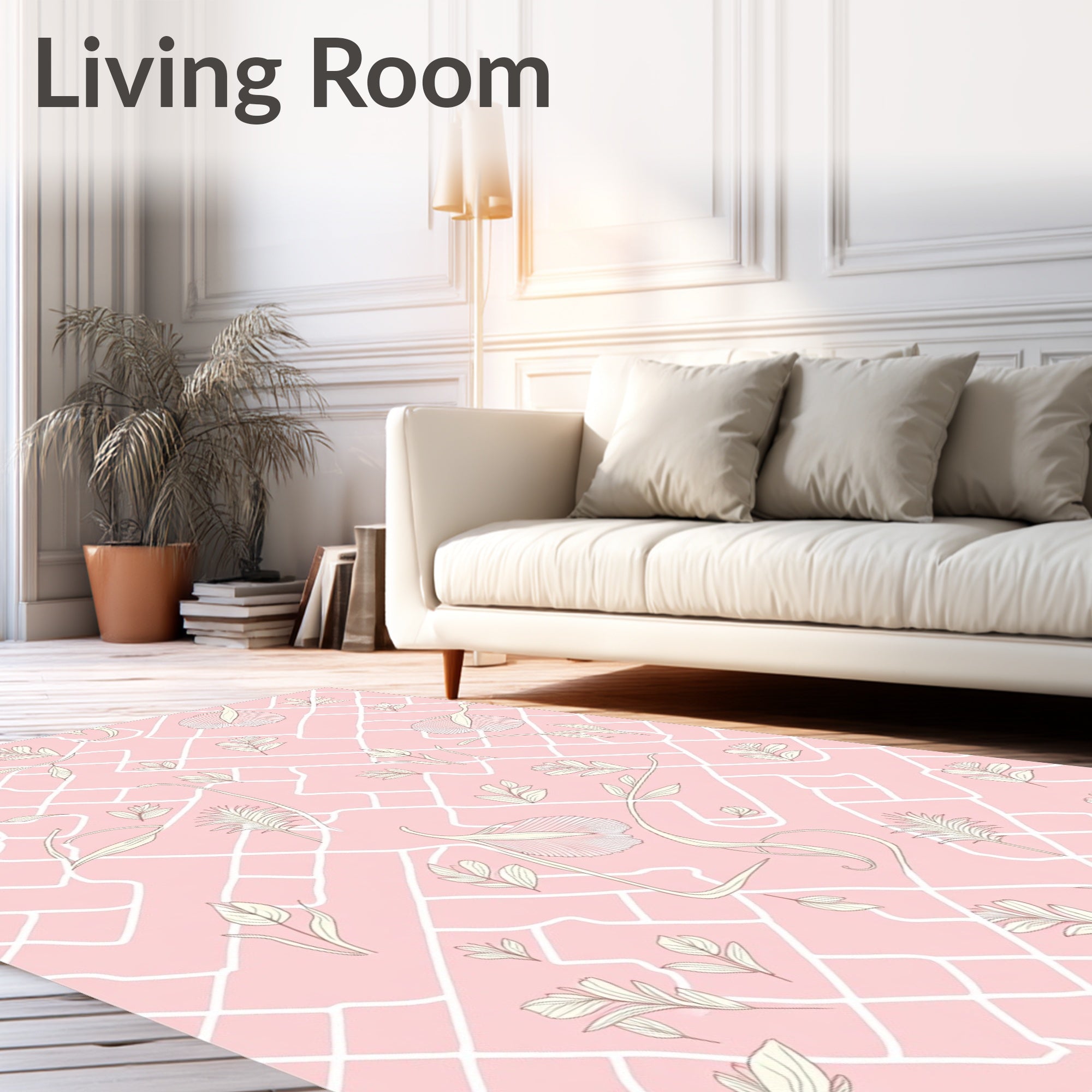 Delicate White Leaf Patterned Pink Rug