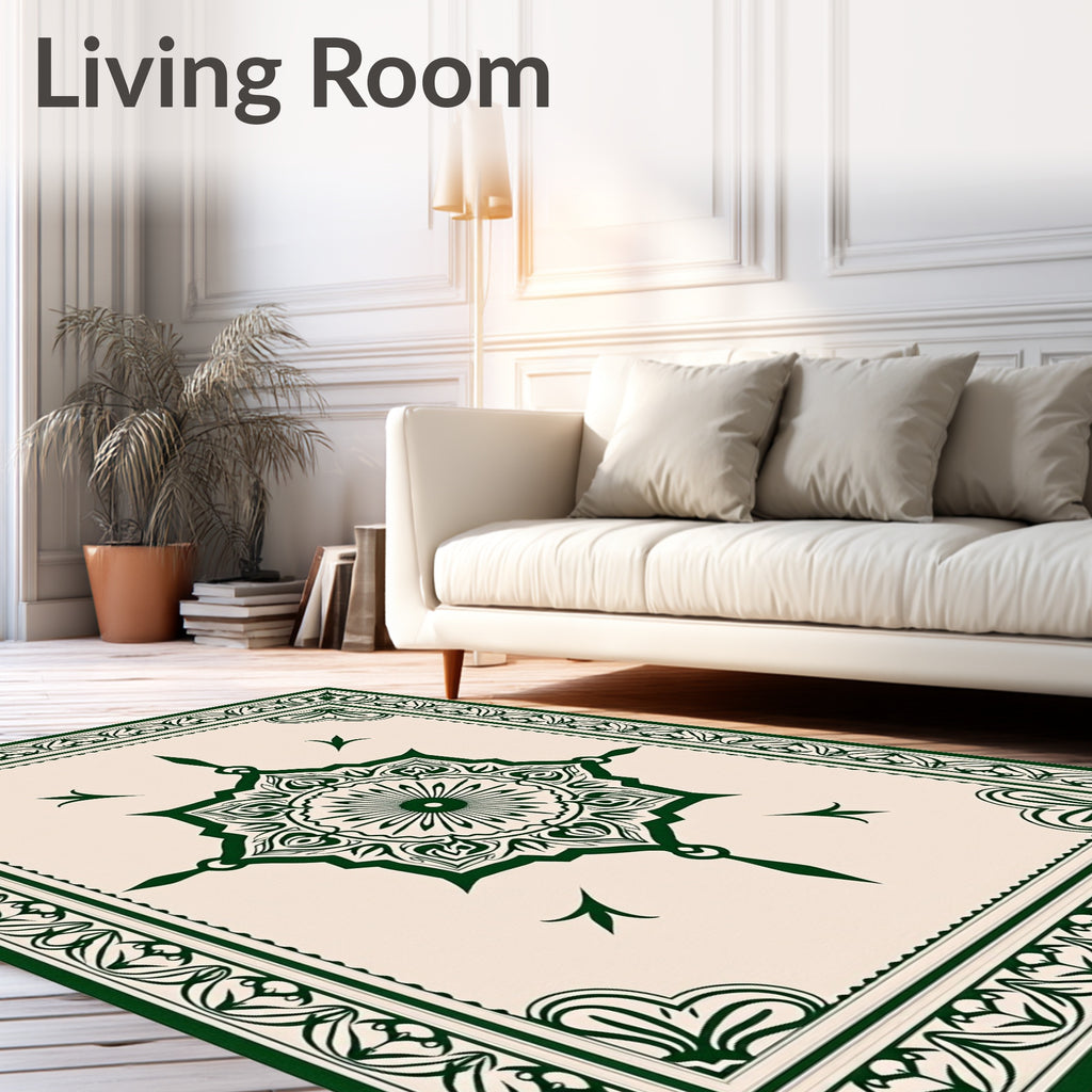 Dark Green Floral Mandala Border Rug