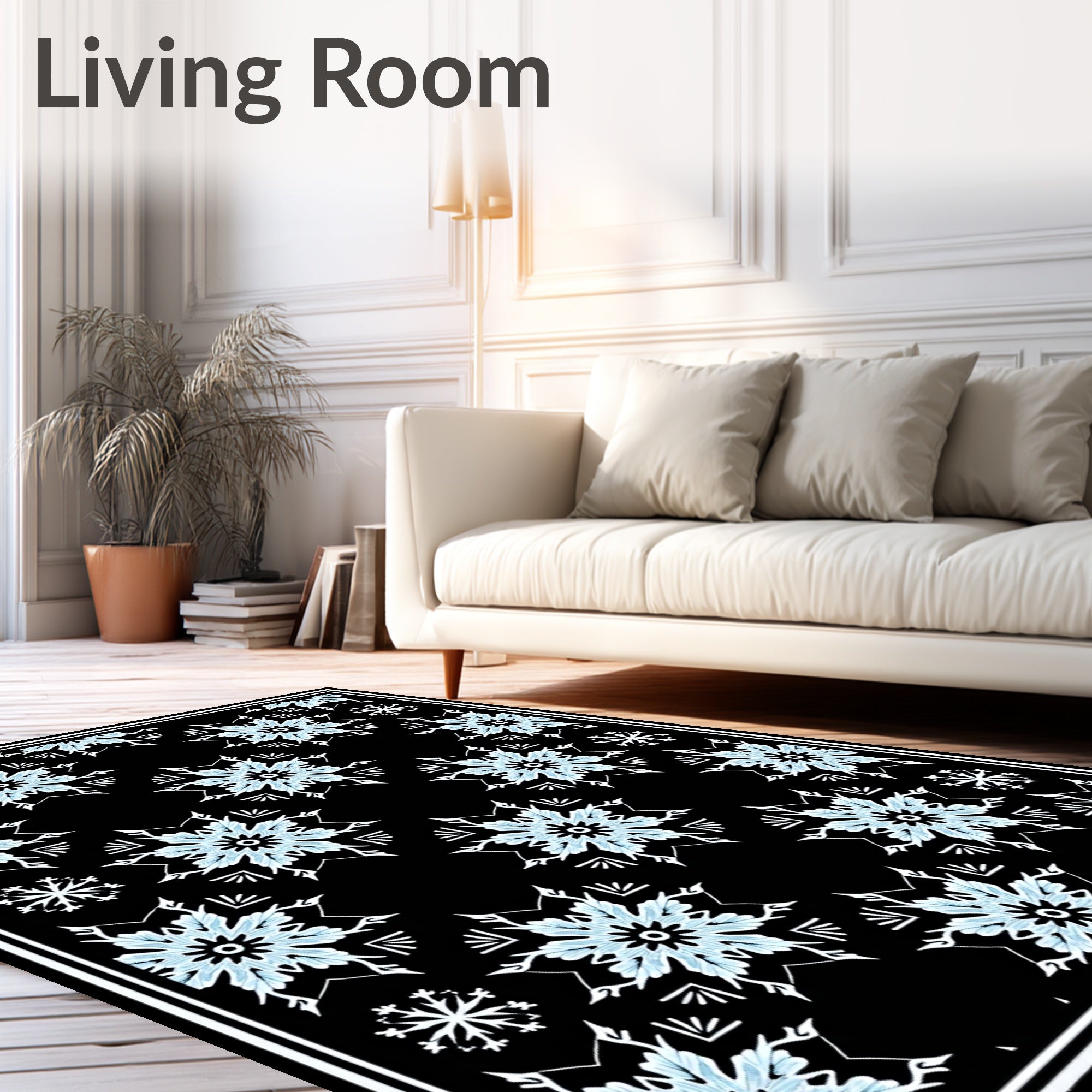 Arctic Blue Snowflake Medallion Black Rug