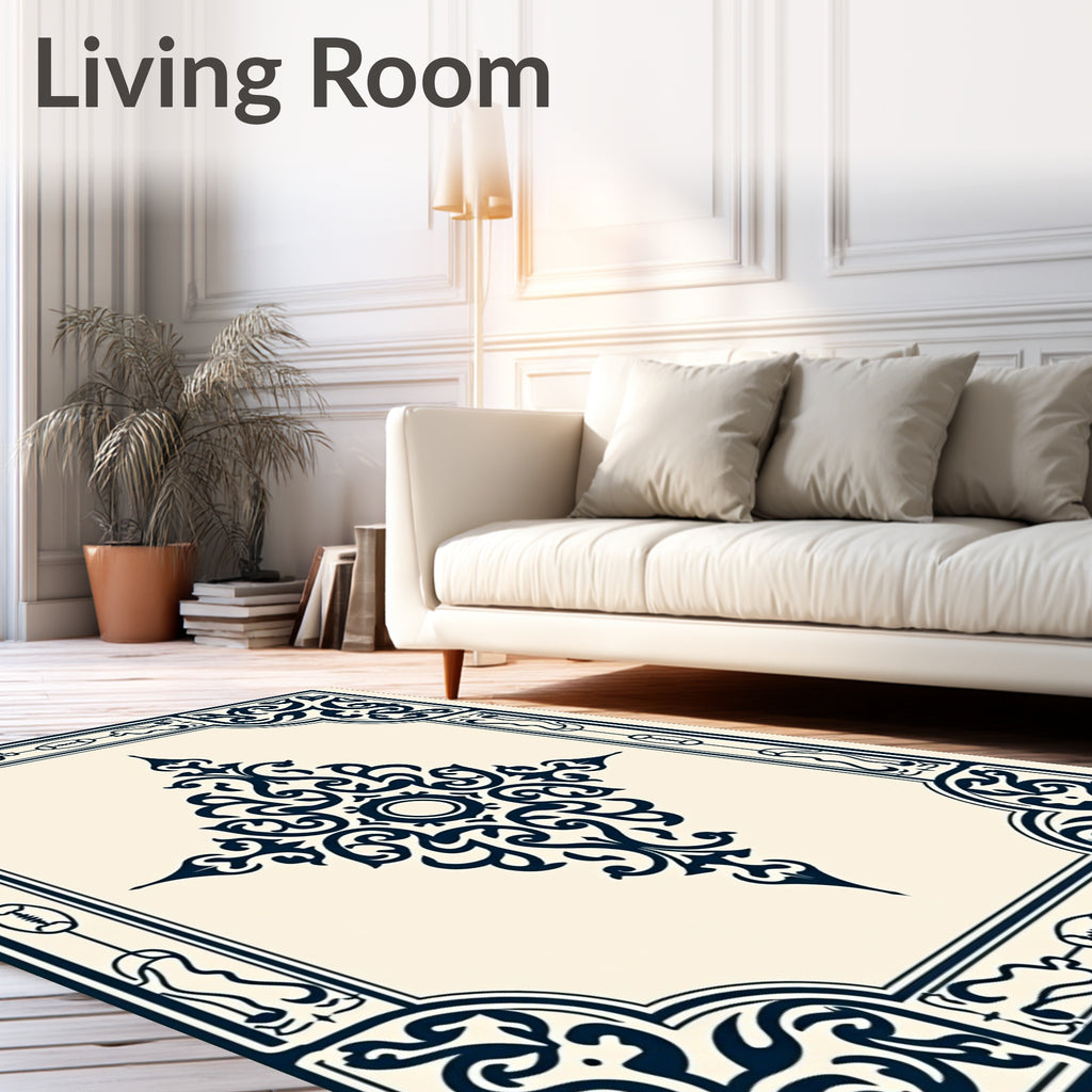 Dark Blue Floral Bordered Medallion Design Rug