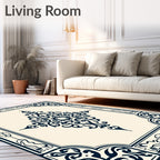 Dark Blue Floral Bordered Medallion Design Rug