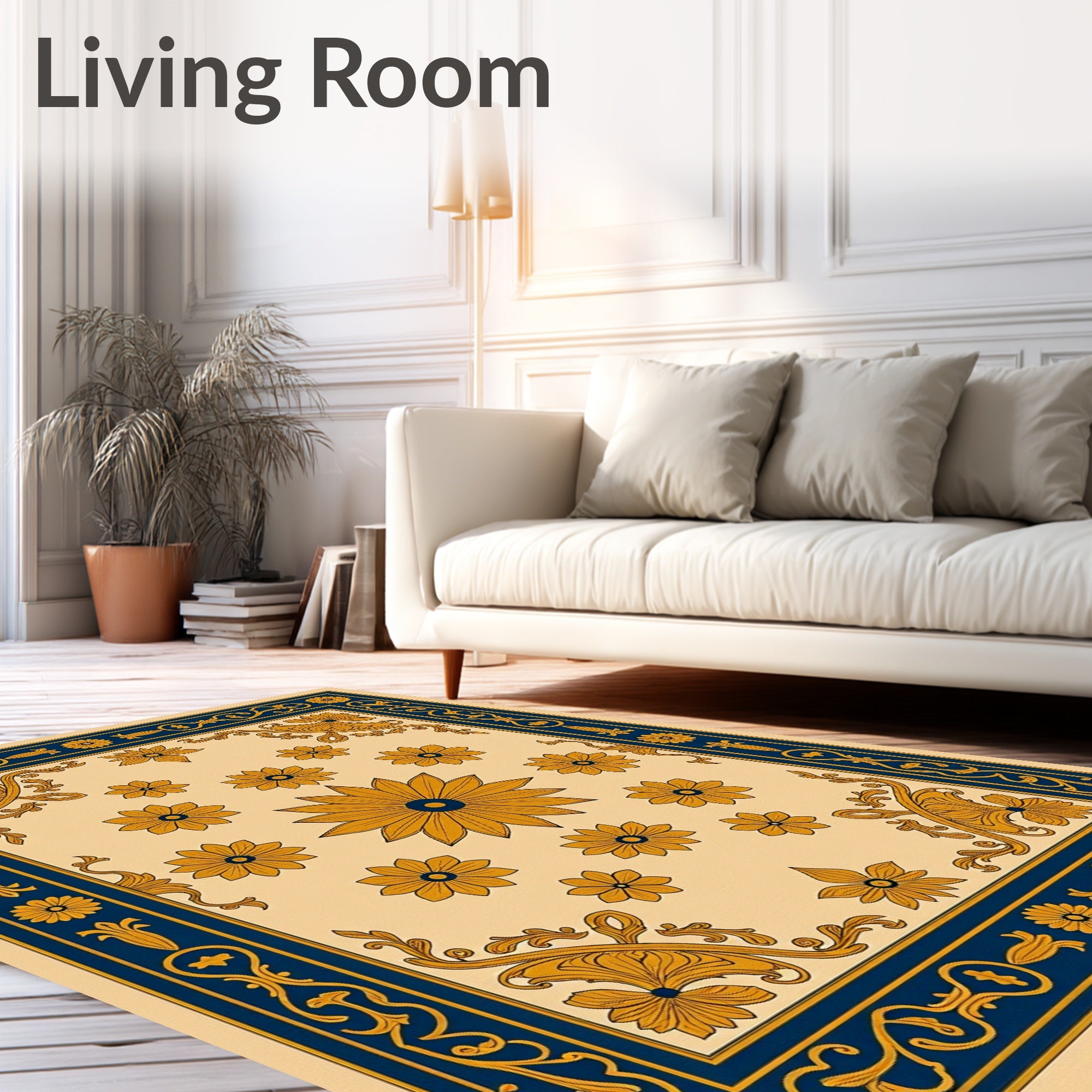 Elegant Floral Motif Blue Gold Rug