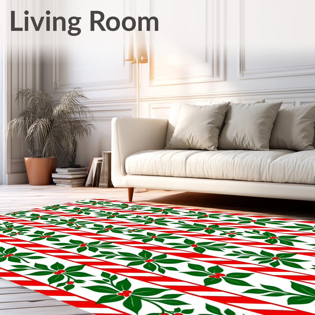 Red White Striped Holly Berry Branches Rug