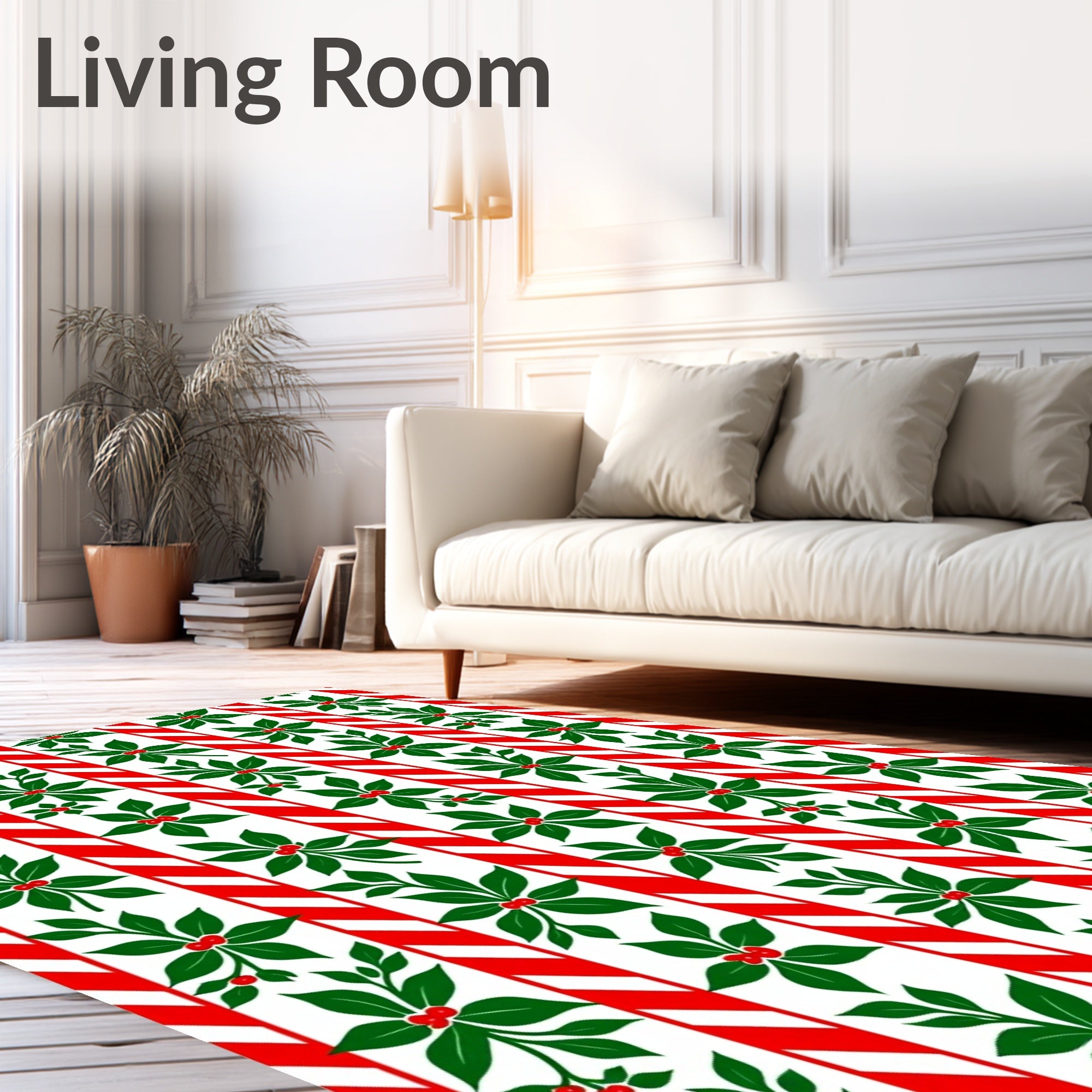 Red White Striped Holly Berry Branches Rug