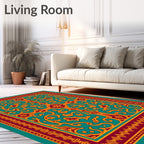 Ornate Teal Gold Floral Pattern Rug