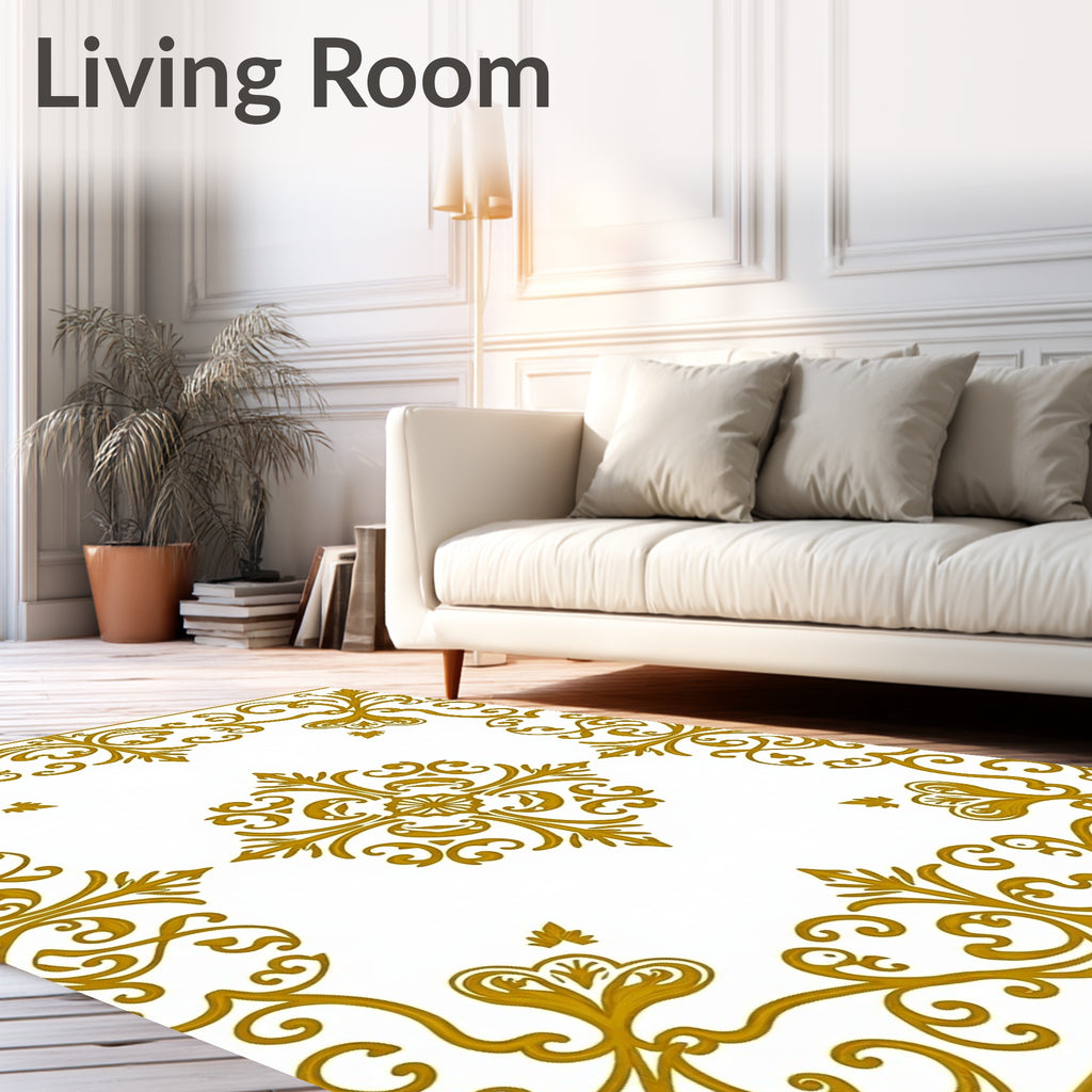 Ornate Golden Scrollwork Pattern Rug