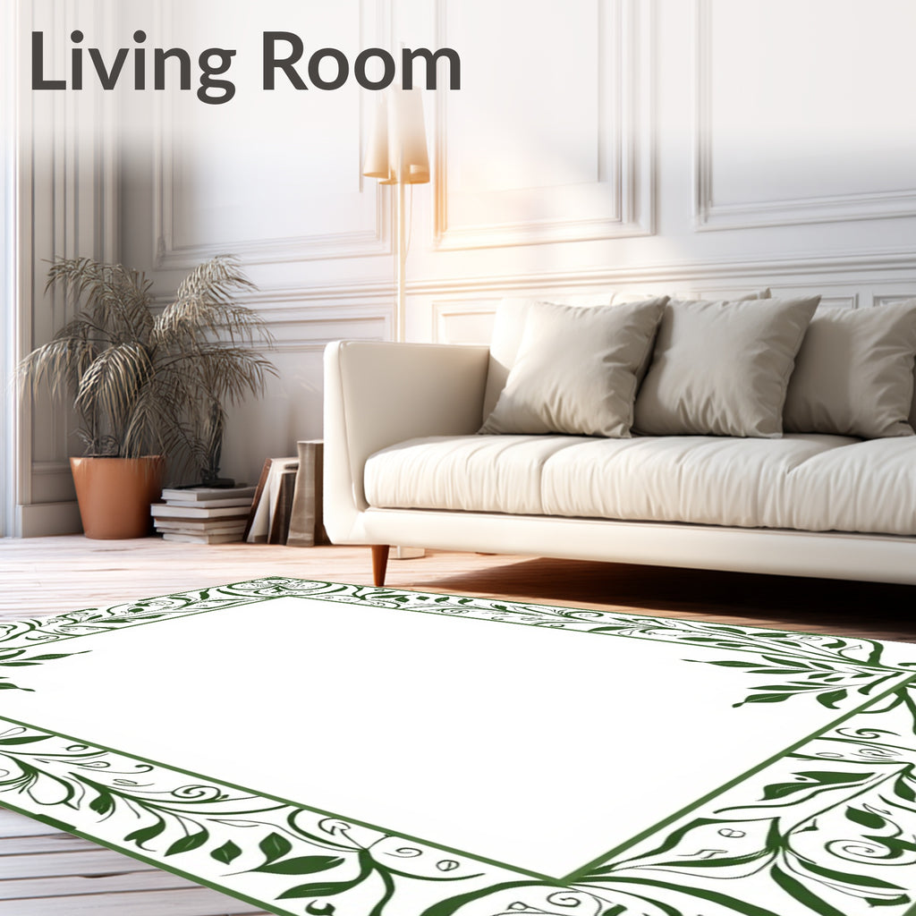 Elegant Green Floral Swirl Border Design Rug