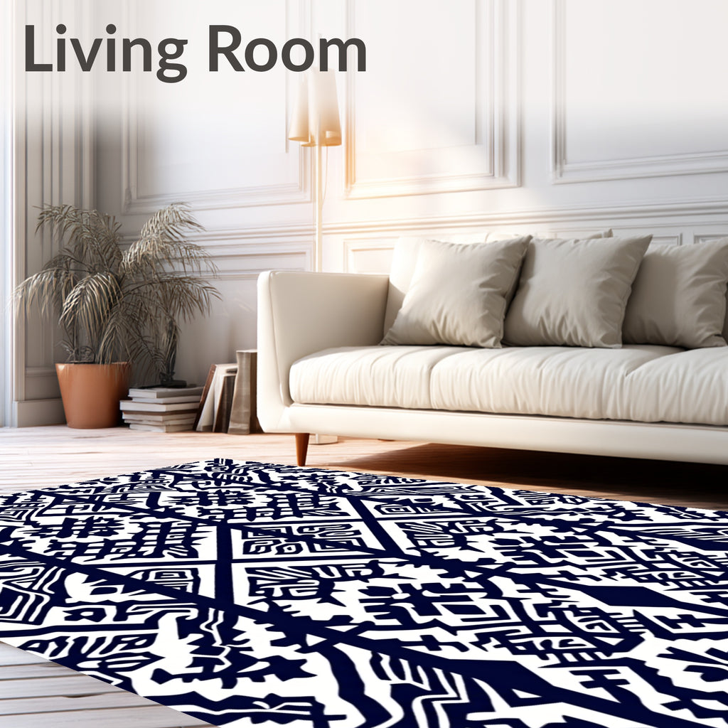 Dark Blue White Abstract Tribal Design Rug