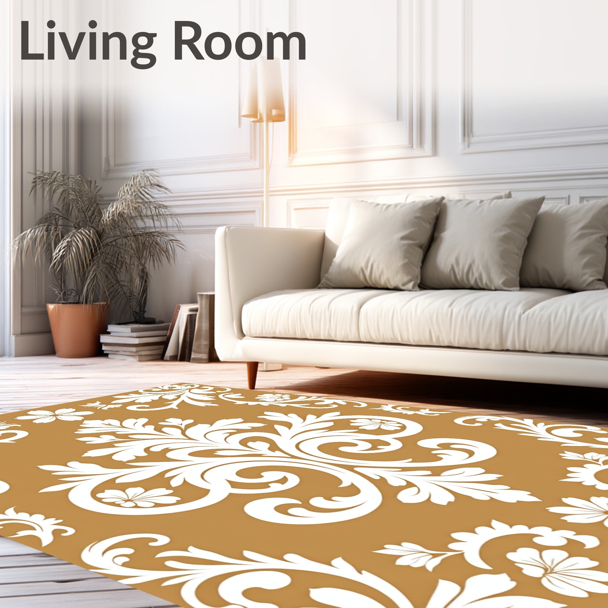 Ornate White Floral Damask Pattern Rug