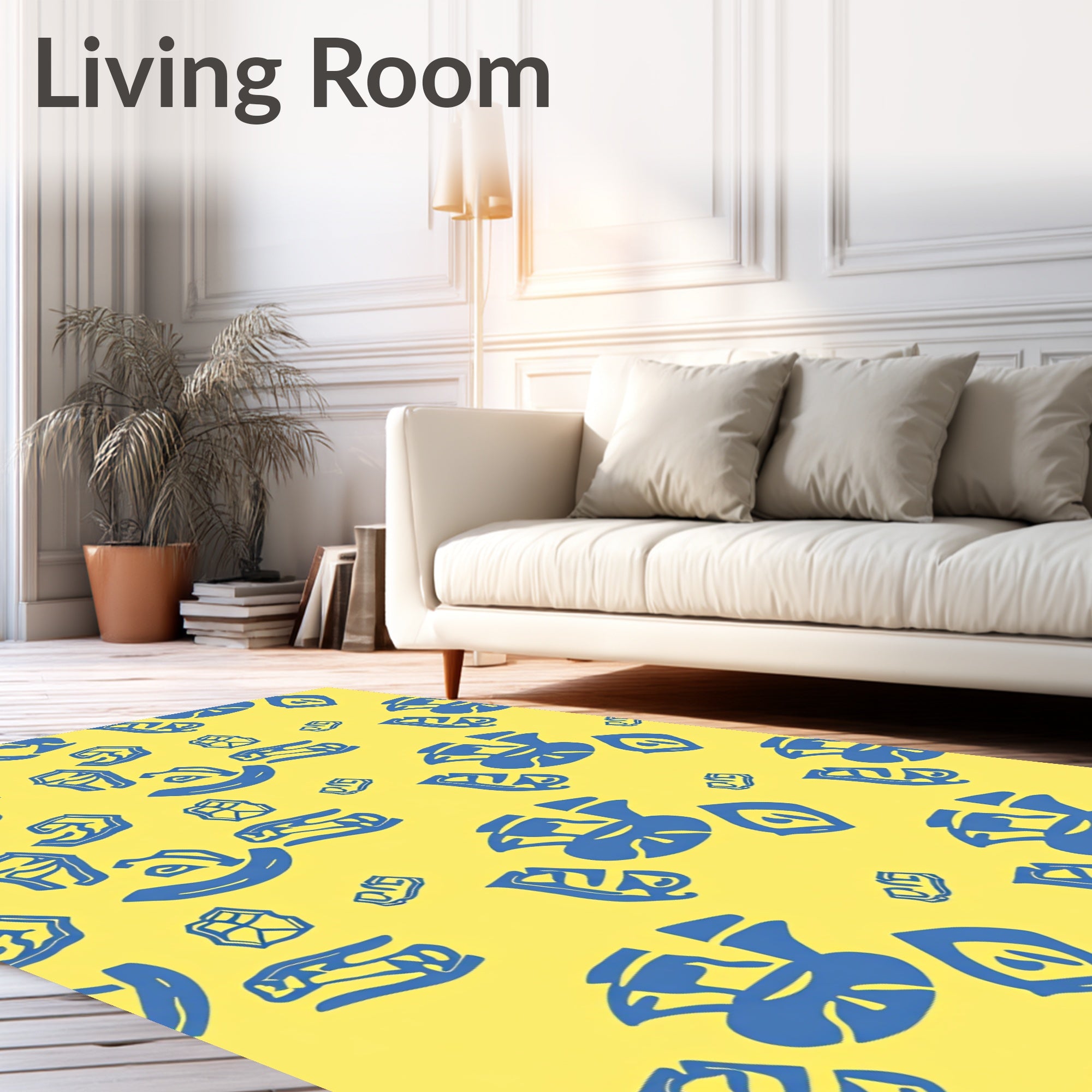 Abstract Blue Floral And Object Pattern Rug