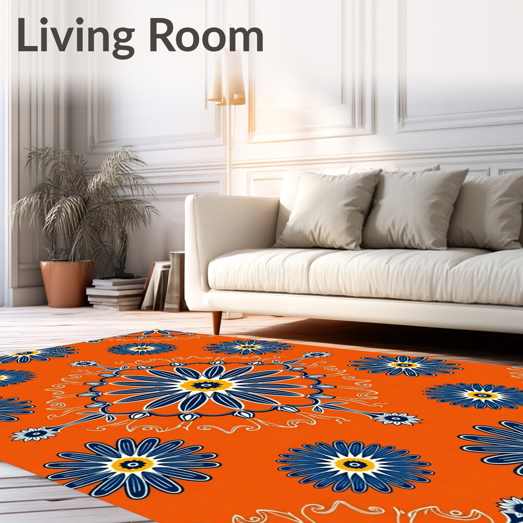Bold Blue Floral Orange Pattern Rug