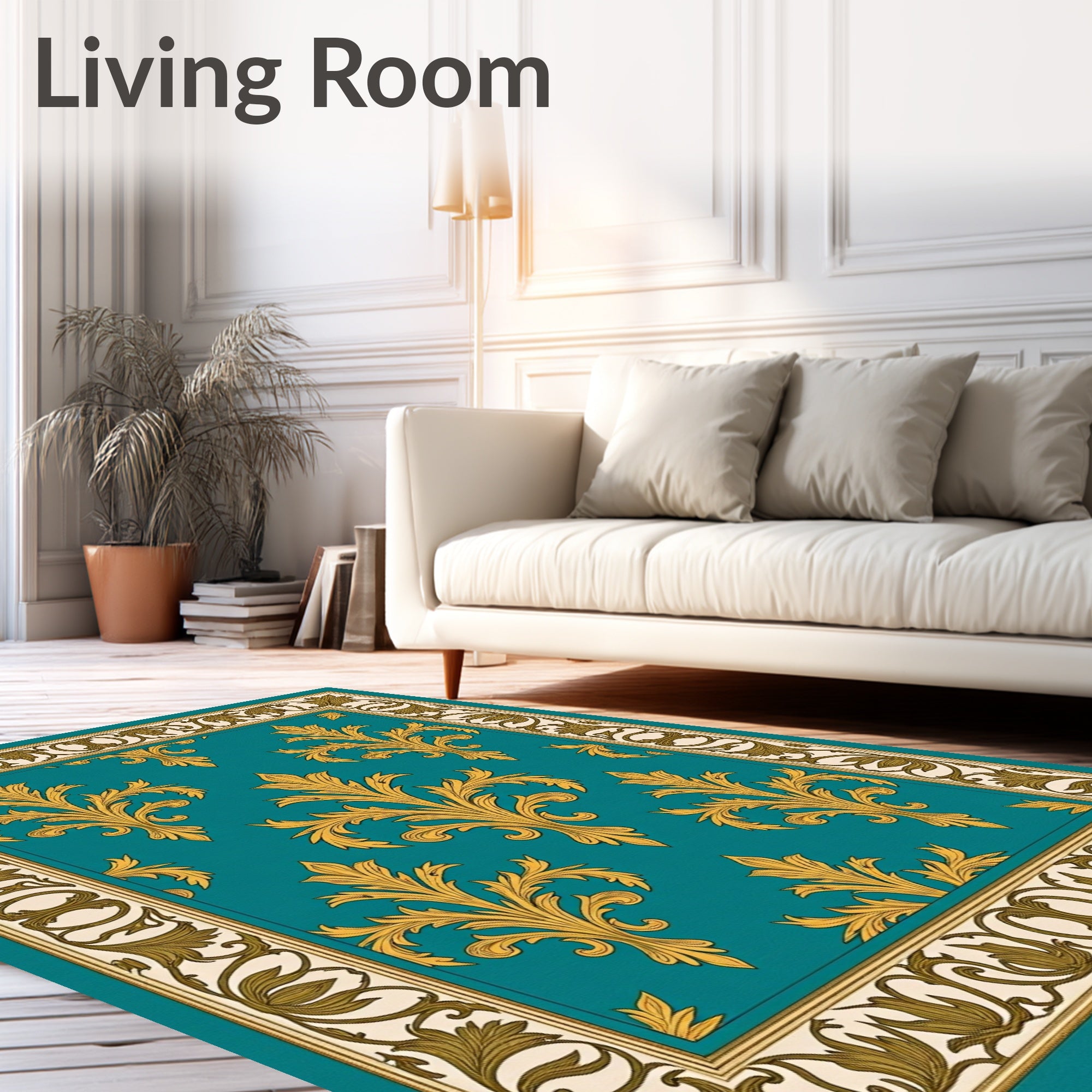Elegant Gold Leaf Teal Damask Rug