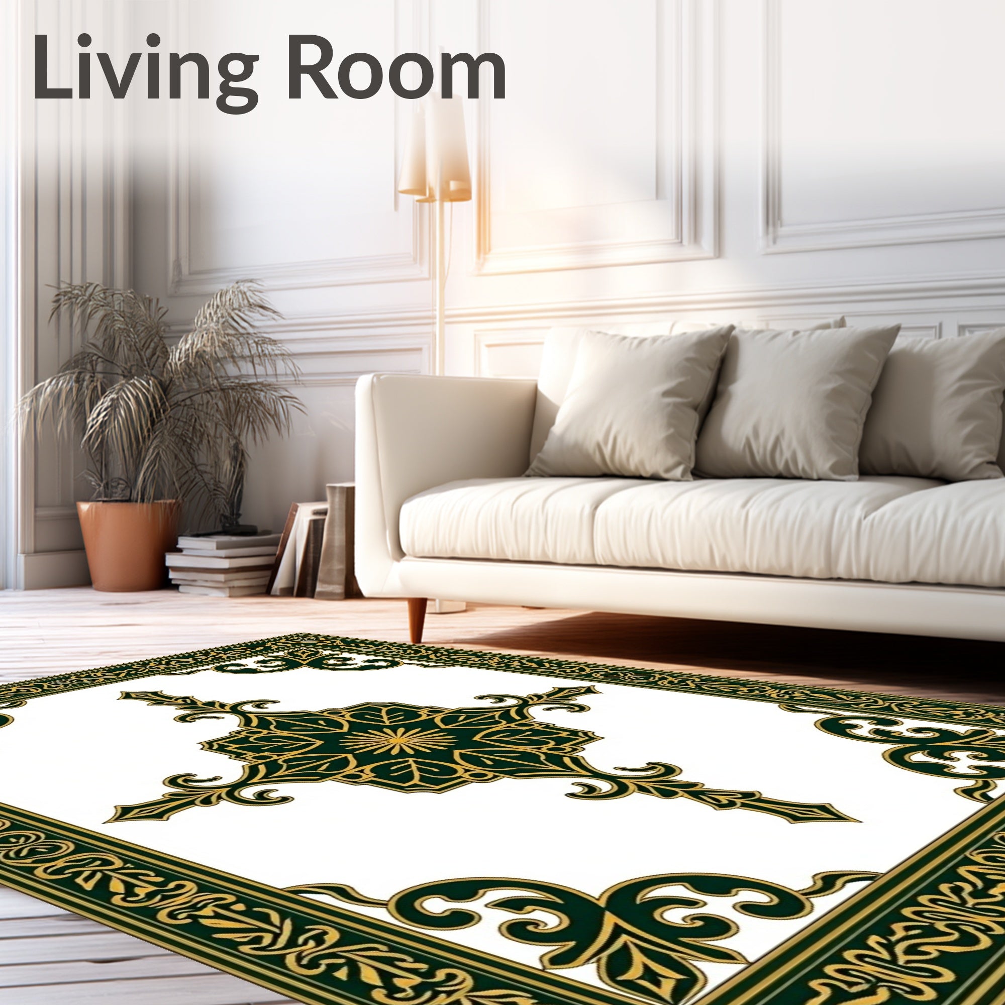 Ornate Dark Green Gold Floral Border Rug