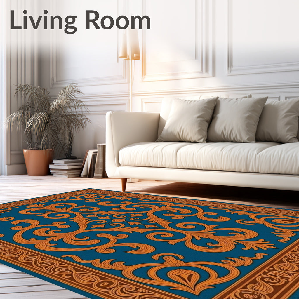 Ornate Teal Orange Flourish Design Rug