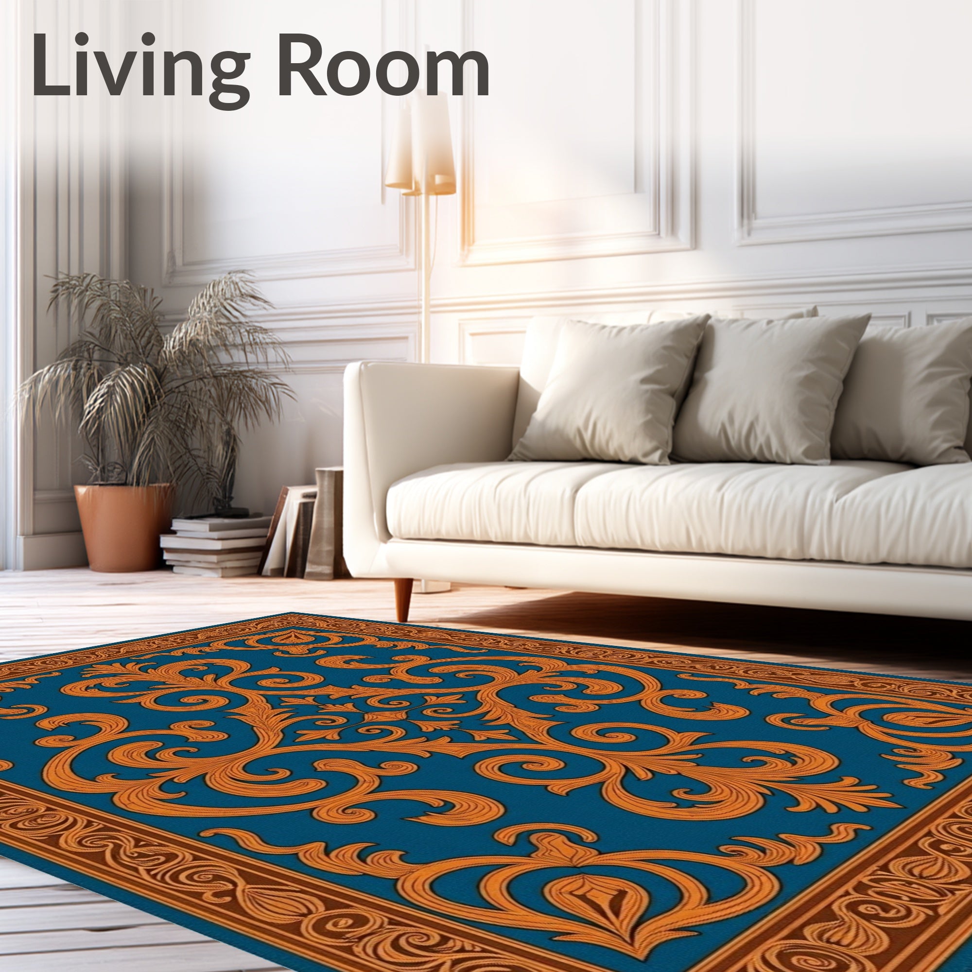 Ornate Teal Orange Flourish Design Rug