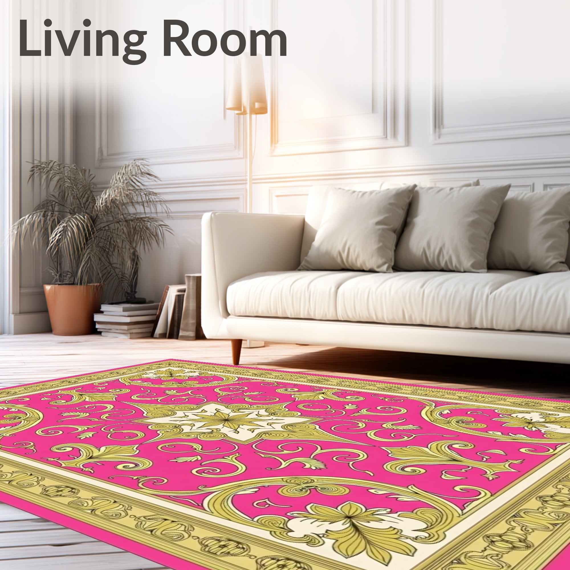 Ornate Floral Gold Pink Patterned Rug